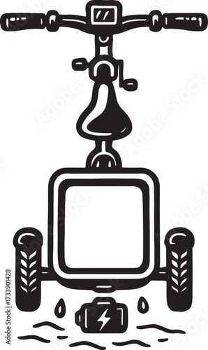 Stylized black and white illustration of a three wheeled electric scooter with a charging battery and water droplets on a textured surface