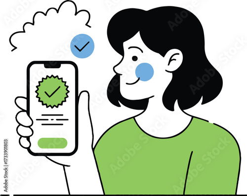 Vector art of a woman is holding a smartphone with a checkmark on the screen, indicating successful verification or approval