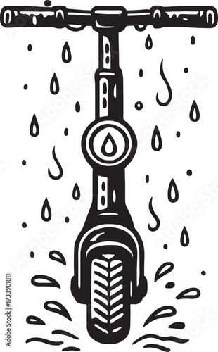 Close up illustration of a scooter handlebar and front wheel splashing water in a stylized black and white drawing