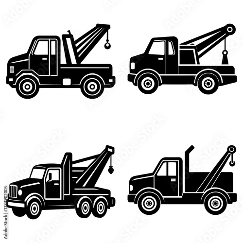 Four black and white tow trucks with different styles and designs on a white background in a vector format
