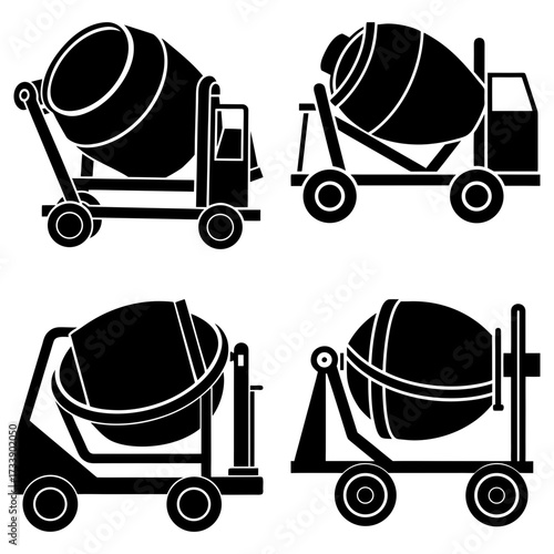 Four black and white cement mixers in different designs and orientations on a white background image art