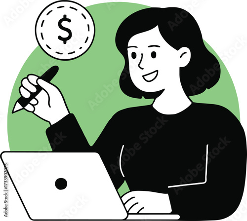 Vector art of a woman is working on a laptop, with a coin icon indicating financial transactions or online earnings