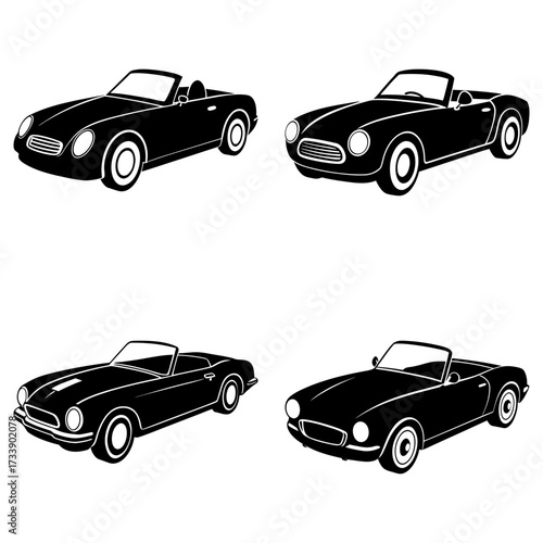 Four black convertible cars in a grid pattern with a white background in a vector illustration style