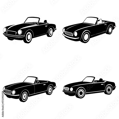 Four black convertible cars are arranged in a square pattern on a white background illustration style