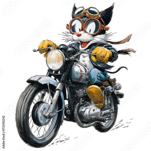 Cartoon biker cat riding a classic motorcycle, white background, no text