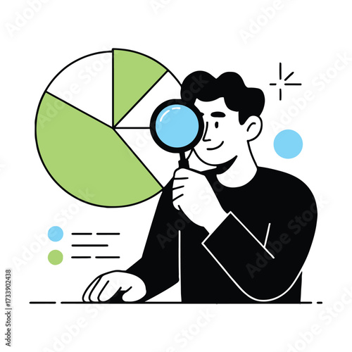 Vector art of a man uses a magnifying glass to analyze a pie chart, representing data analysis, business intelligence, and market research
