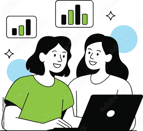 Vector art of two women collaborate on a laptop, analyzing business data, charts, and graphs, symbolizing teamwork, success, and growth