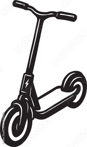 Black and white illustration of a modern electric scooter with large wheels and handlebars on a white background