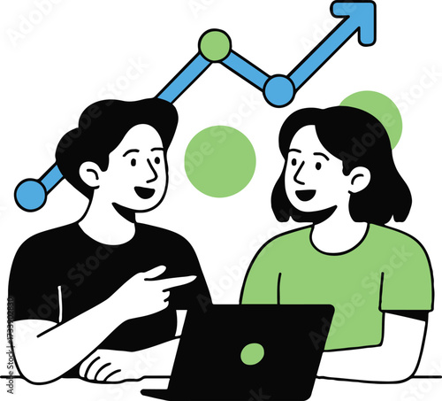 Vector art of two colleagues are collaborating on a project using a laptop they are discussing data and strategy, with a graph showing growth