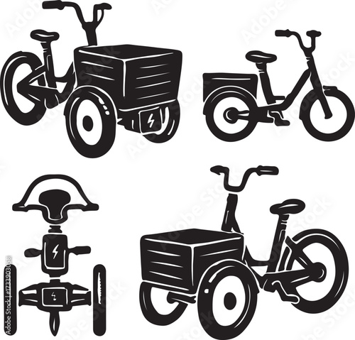 Collection of hand drawn black and white illustrations of cargo tricycles and delivery bicycles in various views
