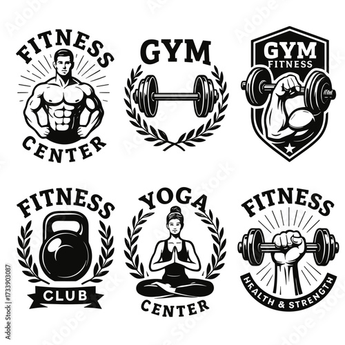 Fitness gym badges and emblems vector set