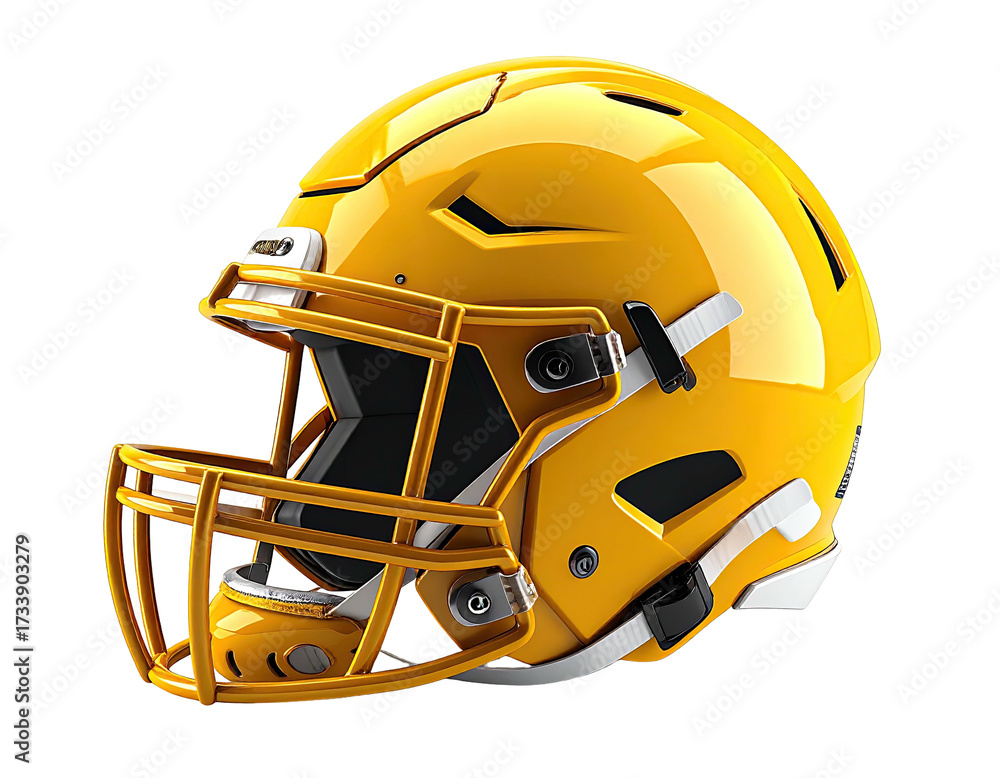 Fototapeta premium A shiny yellow football helmet with a face mask against a black background