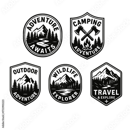 Outdoor camping travel adventure badges design set