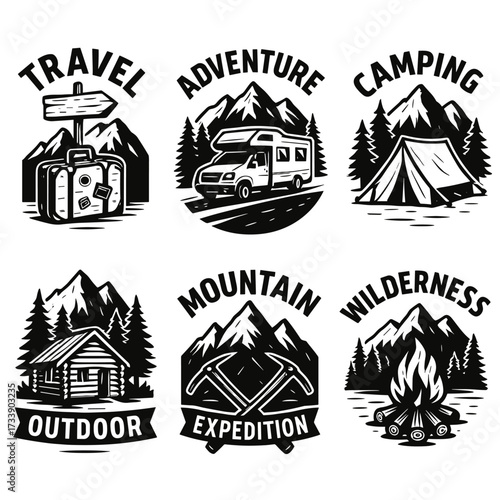 Nature adventure camping travel emblems badges set