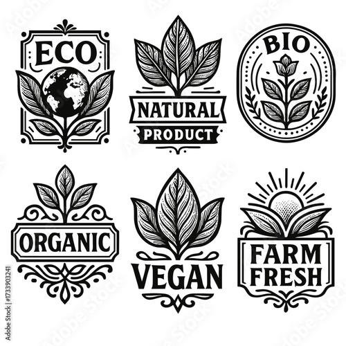 Eco friendly vegan organic badges emblems labels set