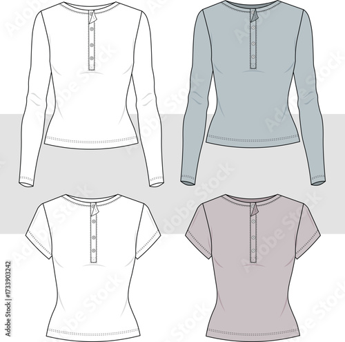 Half button slim fit tee long sleeve women top set fashion technical drawing, illustration. Flat sketch, CAD, Mockup.