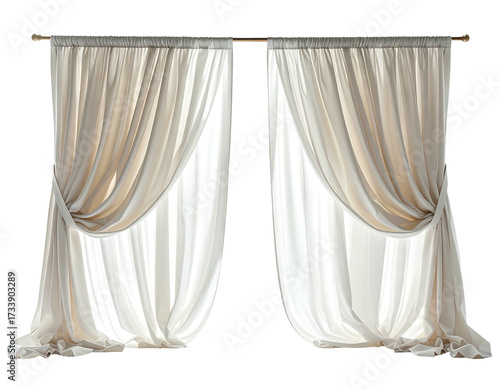 Two sheer, cream-colored curtains draped gracefully from a golden rod