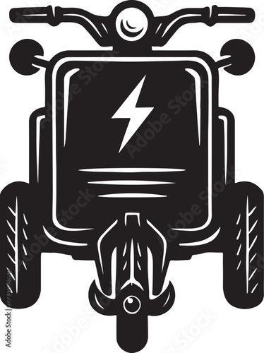 Stylized black and white illustration of a three wheeled electric scooter with a lightning bolt symbol on its front panel