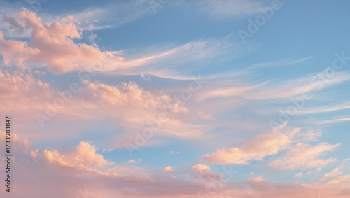 Pastel pink and peach clouds drifting across a soft blue sky at sunset with wispy cirrus streaks glowing warm light serene gradient horizon calm atmospheric texture