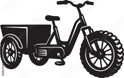 Black silhouette of a three wheeled cargo bicycle with a large box for carrying goods or deliveries