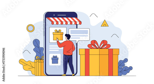 Online shopping and e-commerce experience with a mobile phone and a gift box.
