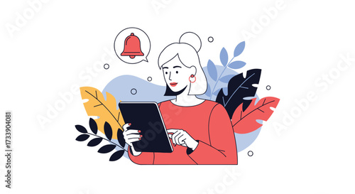 A young woman is using a tablet to receive notifications from a bell icon.