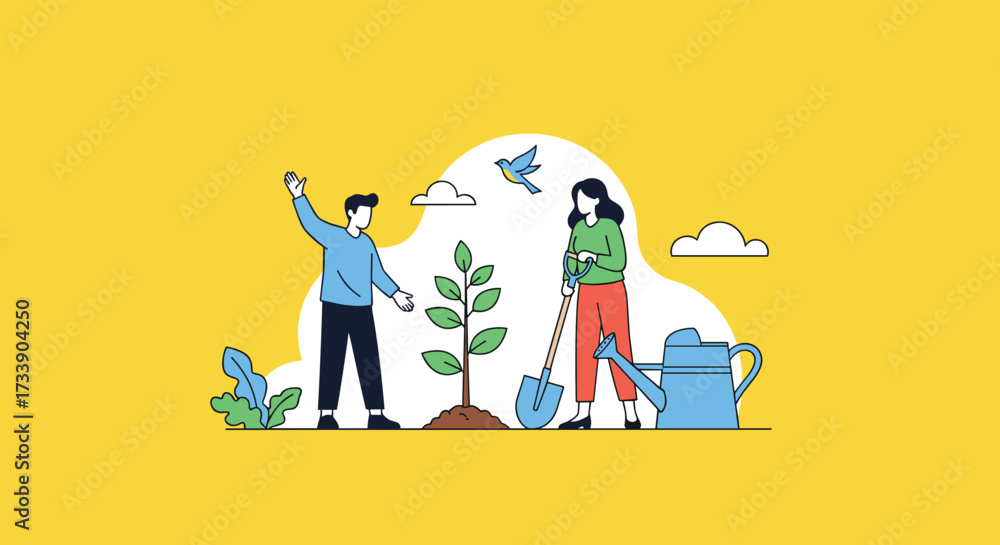 Naklejka premium People planting a tree together in a garden illustration.