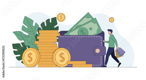 The man is walking toward a giant wallet with money and coins.