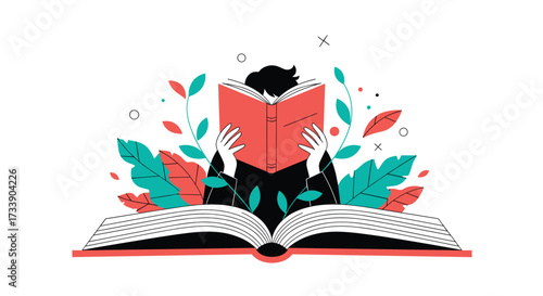 A person intently reading a large open book surrounded by vibrant green leaves and red flowers.