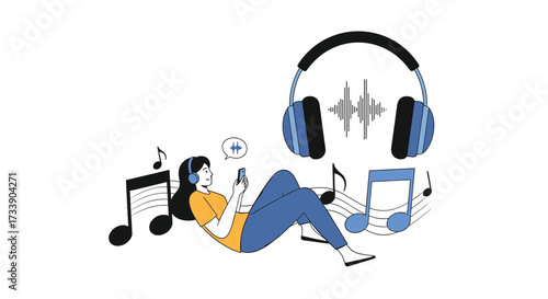 Woman relaxing and listening to music with headphones and smartphone.