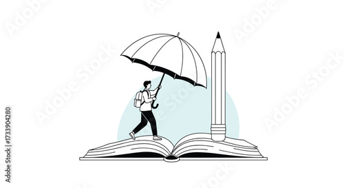 An umbrella shields a person walking on an open book next to a large pencil.