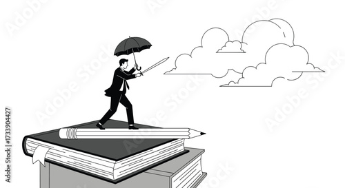 A businessman balances on a giant pencil with an umbrella protecting a smaller pencil from clouds.