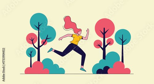 Young woman running through a colorful park with trees and bushes.