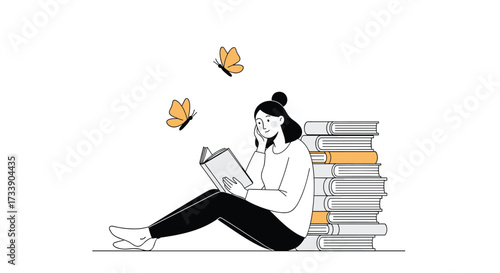 A young woman engrossed in reading a book surrounded by stacks of literature with butterflies fluttering around.