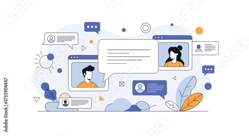Illustrations of online communication and networking through digital platforms and social media interactions.