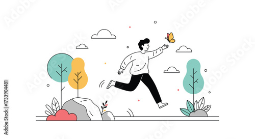 A person running in a park trying to catch a butterfly.