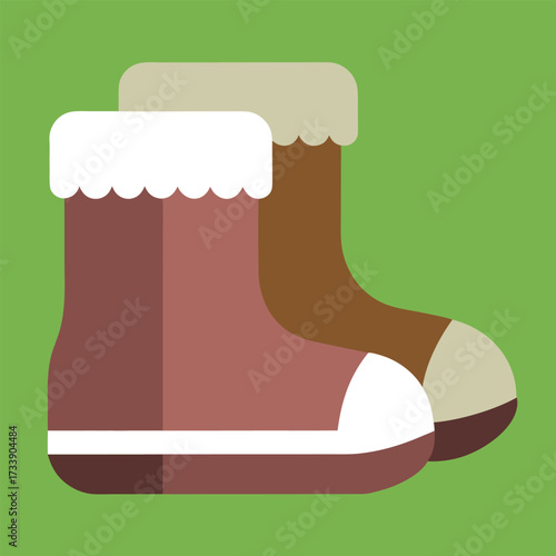 Pair of winter boots with fur trim isolated on green background