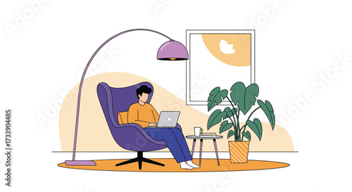 A person sits in a comfy armchair working on their laptop in a well-lit room.