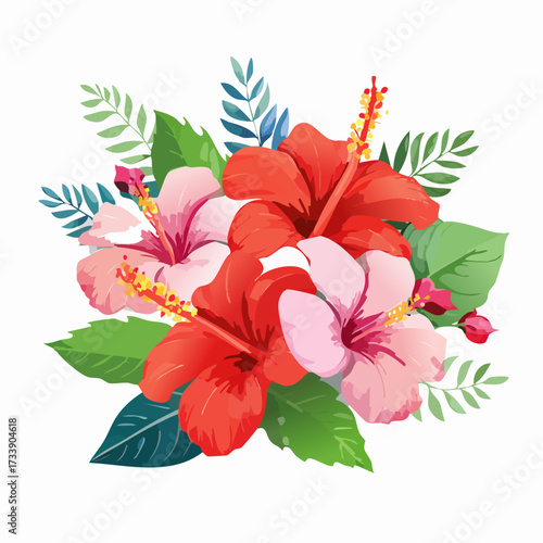 A watercolor artwork of tropical hibiscus flowers with vibrant red and pink petals isolated on a clean white background.