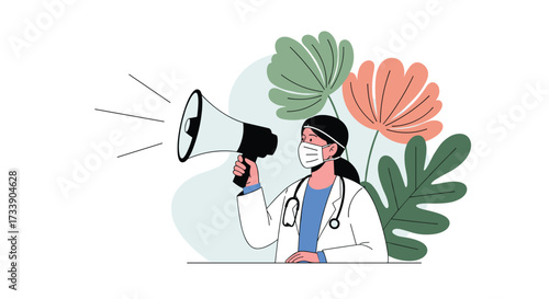 Medical professional making an announcement with a megaphone during a health crisis.