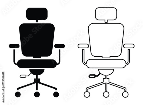 Modern Office Chair Vector – Ergonomic High-Back Chair with Headrest, Armrests, Adjustable Base, Caster Wheels, Solid and Outline Styles