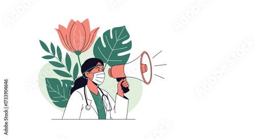 Healthcare professional with a mask and stethoscope announces important health information with a megaphone.