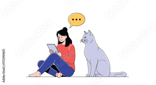 A young woman sits with her cat and uses a tablet to communicate online.