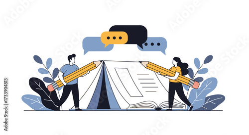 Two people collaborating on writing a document using large pencils with speech bubbles above them.