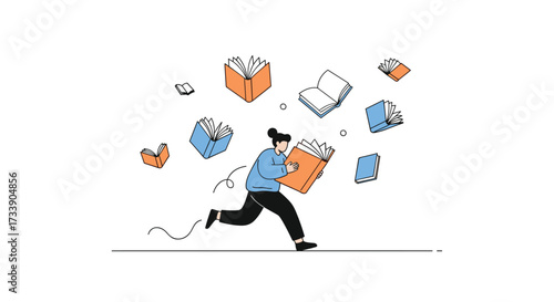 A person runs with books and scattered paper flying around them.