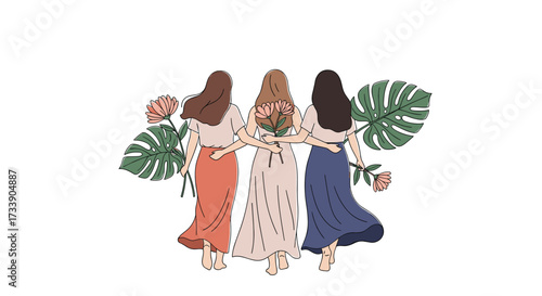 Three women holding hands and flowers with tropical leaves in the background.