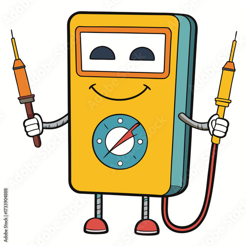 Cartoon multimeter character with happy face holding probes on a white background smiling