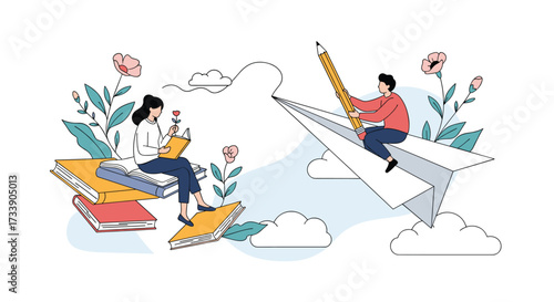 Two people embark on a creative journey aboard paper airplanes guided by a giant pencil in a whimsical setting.