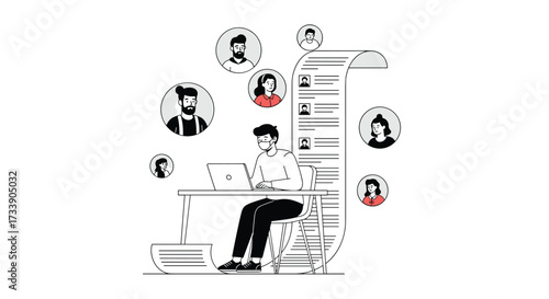 A person with a laptop in front of a tall list of potential candidates for a job opportunity.