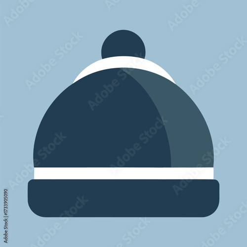 Flat design of a dark blue and white winter beanie with a pompom
